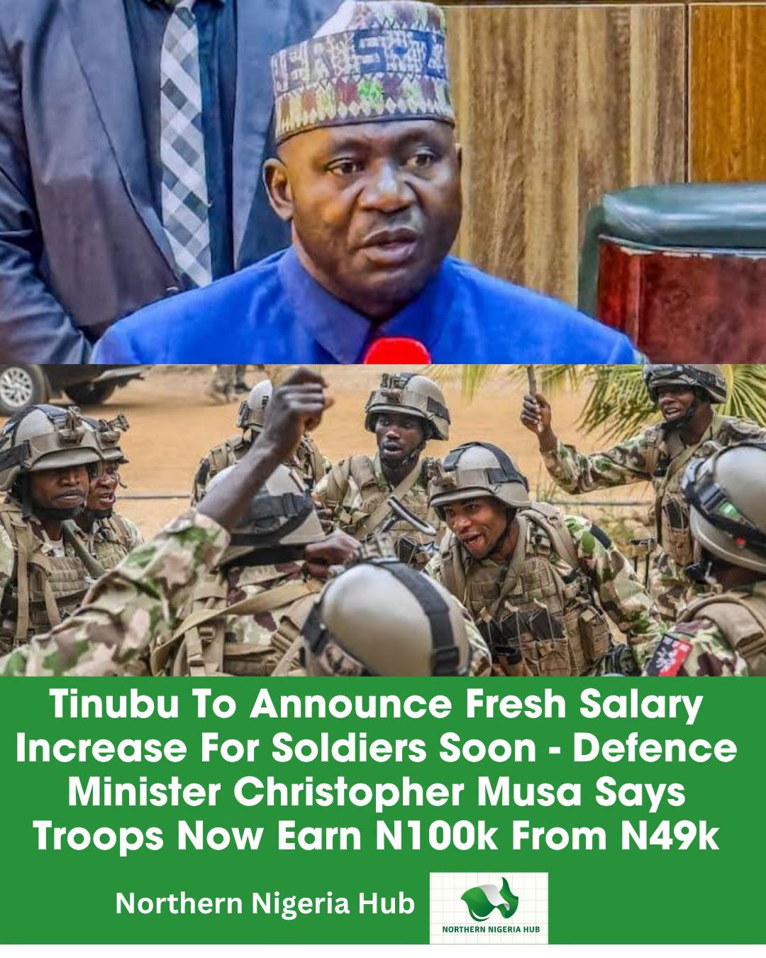 Minister of Defence Gen Christopher Musa rtd says President Bola Tinubu will soon announce new pay increase for Armed Forces personnel as part of efforts to improve troops welfare.