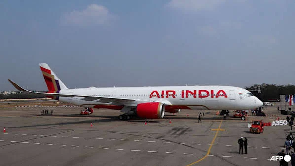 An Air India airplane parked at an airport terminal.