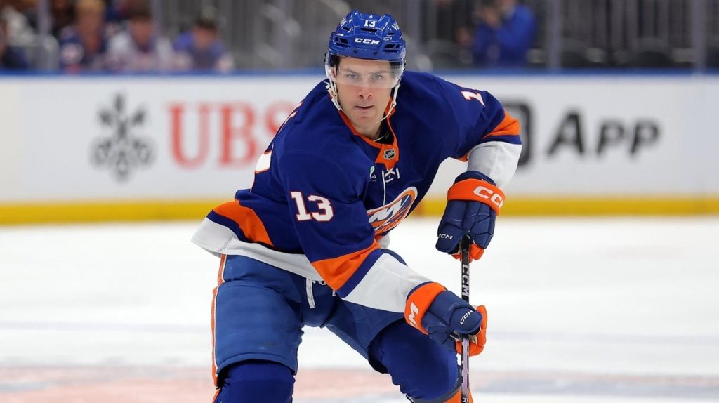 Mathew Barzal skating during an Islanders practice session at UBS Arena.